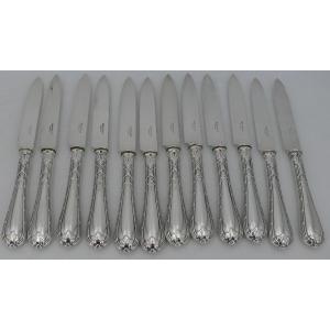 Christofle Model Ribbons Bells, 12 Fruit Knives, Silver Plated.