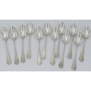 12 Dessert/tea/coffee Spoons, Silver Minerva, Napoleon III, Henri Soufflot, Monogrammed.