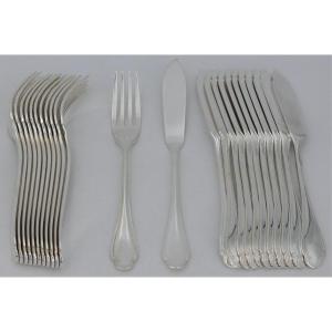 Alfénide/christofle Model Pompadour, 12 Fish Cutlery, 24 Pieces, Silver Plated.