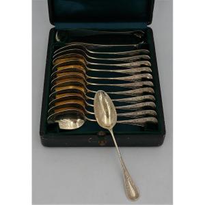 12 Tea/coffee/dessert Spoons + 1 Sugar Tongs, Vermeil Sterling Silver, Napoleon III.