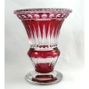 Val Saint Lambert, Vase On Cut Foot, Red Lined Crystal, 22.5 Cm, 3.2 Kg.