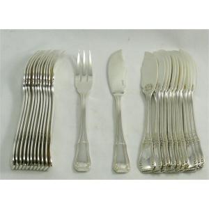 Boulenger Regency/berry Model, 12 Fish Cutlery, 24 Pieces In Silver Metal.