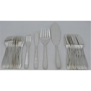 Alfénide/christofle Model Saigon, 12 Fish Cutlery + 2 Serving Cutlery, Art Deco.