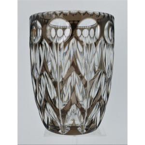 Val Saint Lambert, Brown Lined Cut Crystal Vase, 19 Cm, 3.2 Kg.