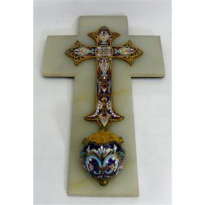 Grand Bénitier Et Crucifix émaillé, Onyx, 31,5 Cm, 1,3 Kg, Excellent état.