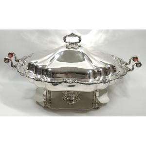 Important Food Warmer/chaver/especially Table Warmer, English Silver Metal, 63 Cm.