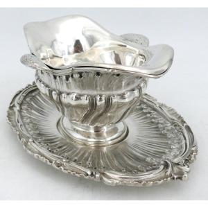 Emile Sanner, Spectacular Rocaille Sauce Boat On Tray With Lining, 989 G, Sterling Silver.