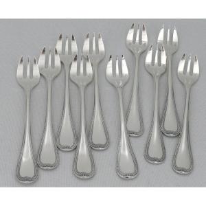 Christofle Malmaison Model, 10 Oyster Forks In Silver Metal, Excellent Condition.