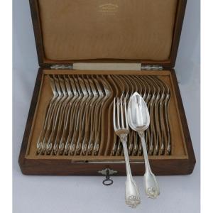 12 Couverts à Entremets/dessert En Argent Massif Minerve, XIXe, Modèle Coquille, 24 Pièces.