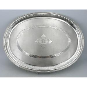 Oval Guilloché Tray In Sterling Silver Minerva, Napoleon III, 64.5 X 41.5 Cm, 1.8 Kg.