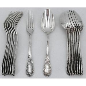 Puiforcat Modèle Rocaille, Louis XV, 8 Couverts à  Entremets/dessert, 16 Pièces, Argent Massif 