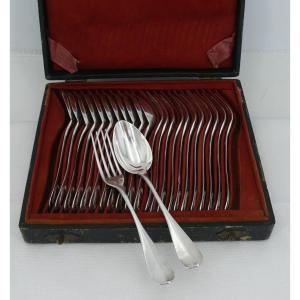 12 Couverts à Entremets/dessert, Argent Massif Minerve, Baguette, Médaillon, Napoléon III.