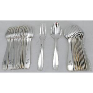 Christofle Atlas, 12 Entremets/dessert Place Settings, 24 Pieces Monogrammed "rn" Silver Metal.