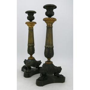 Pair Of Bronze Candlesticks, Restoration/charles X Period, Double Patina, 19th Century.