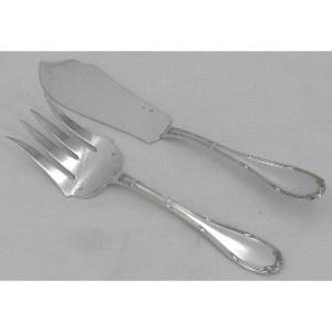 Risler & Carré, Fish Service Cutlery, Sterling Silver Minerva, Ribbons, Monogrammed.