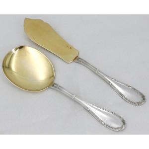 Risler & Carré, Ice Cream Service Cover, Sterling Silver Minerva, Ribbons, Vermeil, Monogrammed.