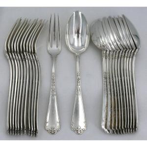 Puiforcat Spearhead Model With Rat Tail, 12 Table Cutlery In Sterling Silver Minerva.