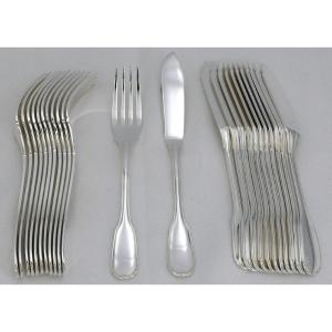 Christofle Versailles Model, 12 Fish Cutlery, 24 Pieces, Silver Metal, Excellent Condition.