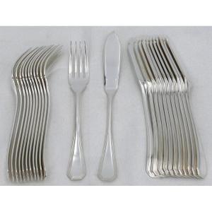 Christofle América/art Deco, 12 Fish Cutlery, 24 Pieces, Silver Metal, Excellent Condition.