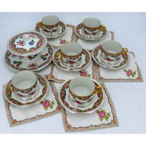 Tea Service + Sugar Bowl, Porcelain Ringed In Sterling Silver Minerva, Tétard Frères.