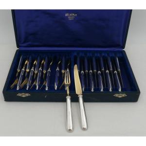 Dessert Service, 12 Forks + 12 Knives, Silver Minerva And Brass, Art Deco.