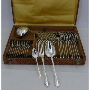 Christofle Gramont Model, Art Nouveau, 37 Piece Cutlery Set In Silver Metal.