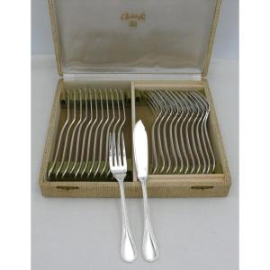 Christofle Perles Model, 12 Fish Cutlery, 24 Pieces, Silver Metal, Excellent Condition.