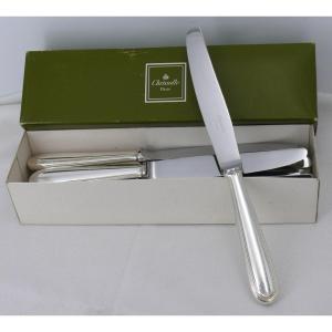 Christofle Perles Model, 12 Table Knives, Silver Metal In Excellent Condition.