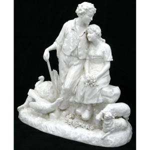 Joseph d'Asté (1881-1945) Pour Capodimonte, Couple De Paysans Entourés d'Animaux, 36 X 36 Cm.