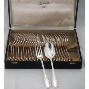 Christofle Rubans Model, 12 Dessert Cutlery Sets, 24 Pieces, Silver-plated Metal, 17 Cm.
