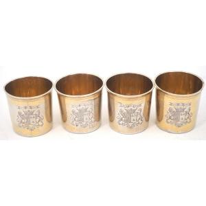 4 Solid Silver Vermeil Liqueur Goblets With Rooster, 1809-1819, Coat Of Arms.