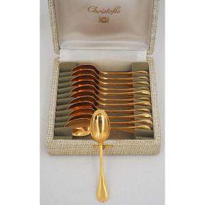 Christofle modèle Malmaison doré, 12 cuillères à moka, café, 10 cm, excellent état.