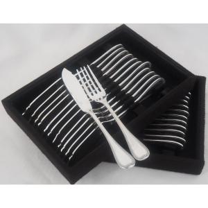 Christofle Malmaison Model, 12 Fish Cutlery Sets, 24 Pieces, Silver-plated Metal, Excellent Condition.