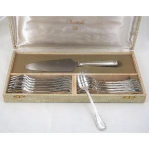 Christofle Malmaison Model, Cake Service: 12 Forks + Serving Server, Perfect Condition.