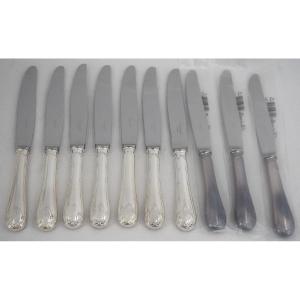 Christofle modèle Rubans, 10 couteaux de table, manches ronds, métal argenté, parfait état.