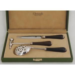 Christofle, service à glace/glaçons, métal argenté et ébène, état proche du neuf.