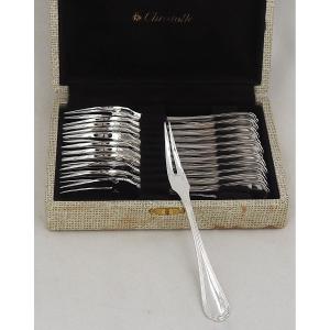 Christofle modèle Spatours, 12 fourchettes à escargots, crustacés, 17 cm, proches du neuf.