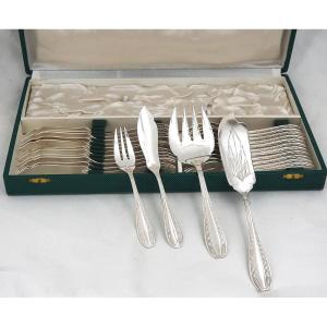 Ercuis modèle Tolède, Art Déco, ménagère à poisson de 26 pièces, en métal argenté.