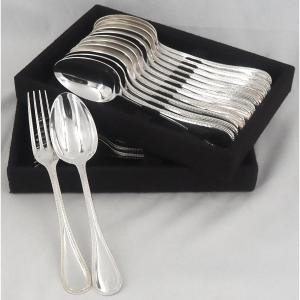 Christofle modèle Perles, 12 couverts de table, 24 pièces, métal argenté, excellent état.