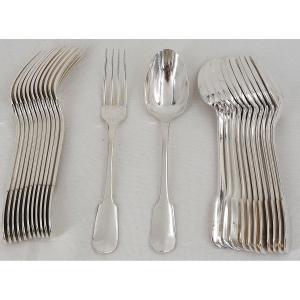 Christofle Cluny, Uniplat, 12 couverts à entremets, dessert, 24 pièces, métal argenté, 17 cm.