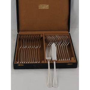 Christofle modèle Boréal, Art Déco, 12 couverts à poisson, 24 pièces en métal argenté.