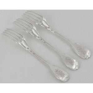 3 fourchettes à entremets, Filet, argent massif Vieillard, armoiries, 17,6 cm, excellent état.