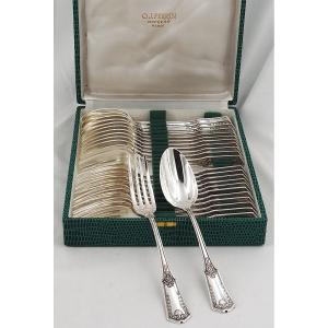 Perrin, Sfam, Sans Gêne Model, 12 Entremets Cutlery, Dessert, 24 Pieces, Silver-plated Metal.