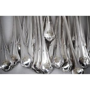 Pierre Queillé, 12 couverts à entremets, dessert, argent Minerve, 24 pièces, couronne.