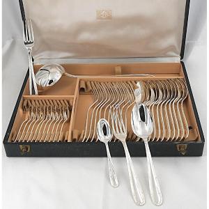 Alfénide, Christofle Rubans, modèle Turgot, ménagère set de 37 pièces en métal argenté.