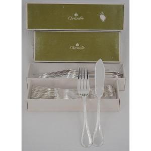 Christofle Albi Pattern, 12 Fish Cutlery Pieces, Silver-plated Metal, 24 Pieces In Perfect Condition.