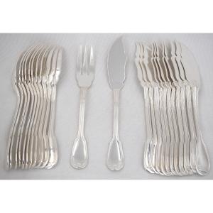 Boulenger, 12 Fish Cutlery Pieces, Filet Pattern, 24 Pieces In Silver-plated Metal.