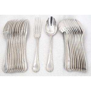 Christofle Rubans Model 12 Entremets Cutlery, Dessert, 24 Pieces, Silver Plated Metal, 15.5 Cm.