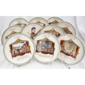10 assiettes à dessert parlantes Guignol, Choisy le Roi, XIXe, polychrome, 20 cm.
