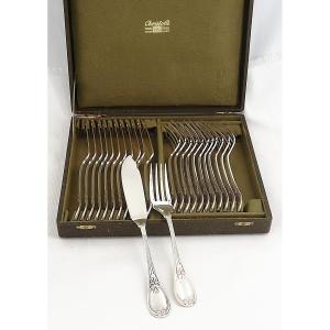 Christofle Trianon Pattern, 12 Fish Cutlery Sets, 24 Pieces, Silver Plated Metal, Excellent Condition.
